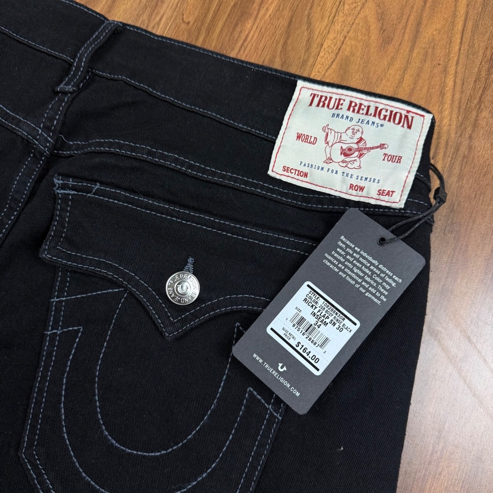 True Religion Ricky Relaxed Straight Flap Pocket Black Jeans Mens 34x30 NWT